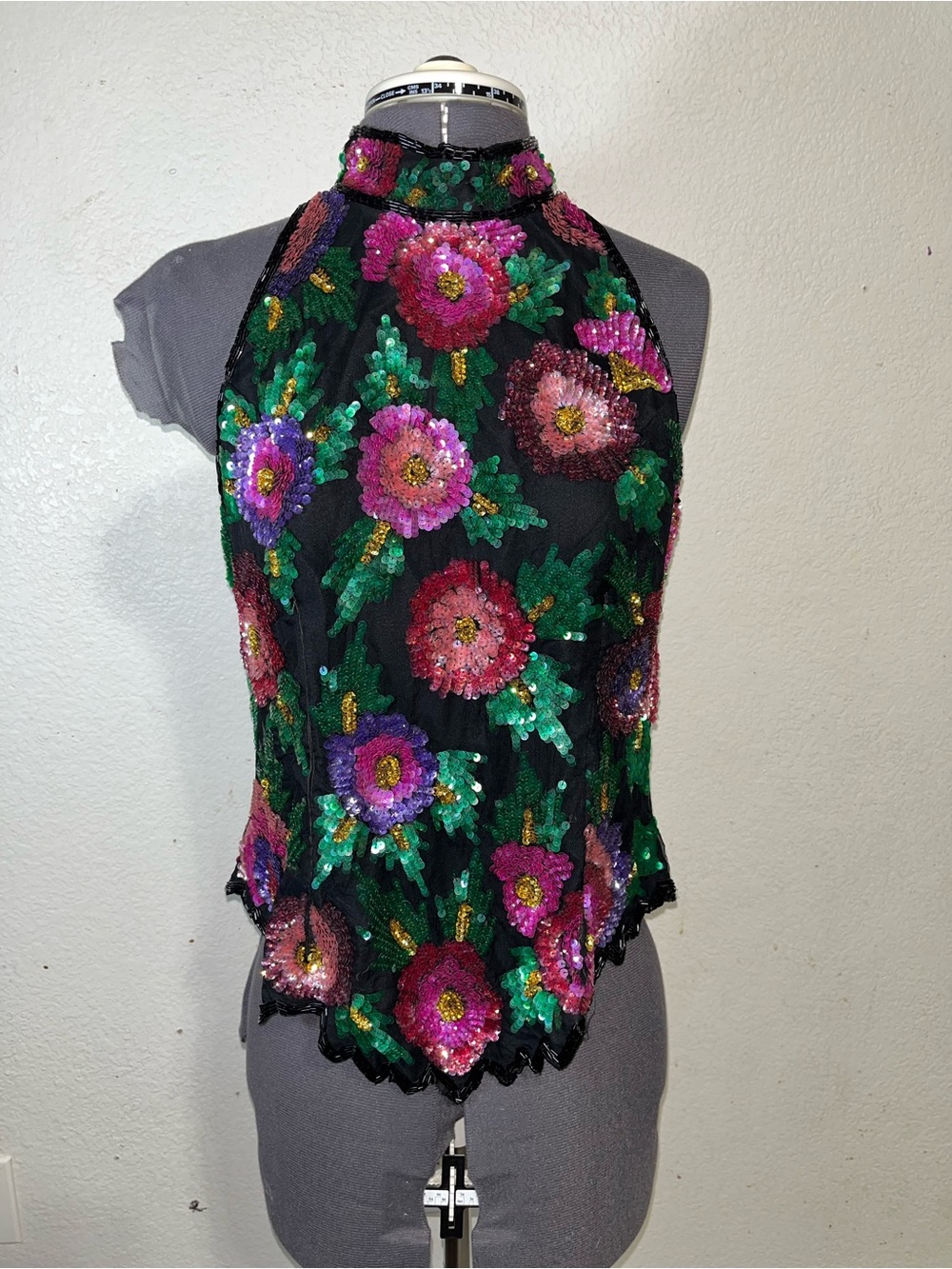 VTG Laurence Kazar Floral Sequin Halter Top - Black with Pink & Green Embroidery